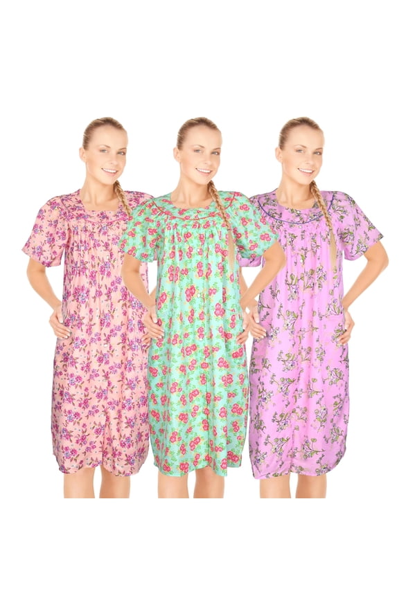 3 Pack House Dresses for Women with Pockets - Lightweight Breathable Short Sleeve Muumuu & Nightgowns - Snap Front Housecoat and Dusters for Women