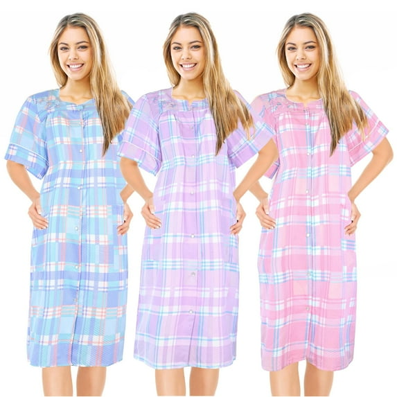 JEFFRICO 3 Pack House Dresses for Women with Pockets - Lightweight Breathable Short Sleeve Muumuu & Nightgowns - Snap Front Housecoat and Dusters for Women