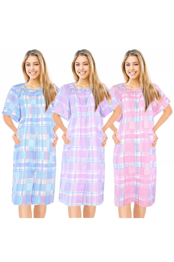 3 Pack House Dresses for Women with Pockets - Lightweight Breathable Short Sleeve Muumuu & Nightgowns - Snap Front Housecoat and Dusters for Women