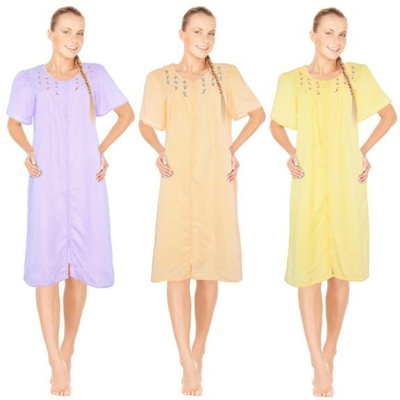JEFFRICO 3 Pack House Dresses for Women with Pockets - Lightweight Breathable Short Sleeve Muumuu & Nightgowns - Zipper Front Housecoat and Dusters for Women