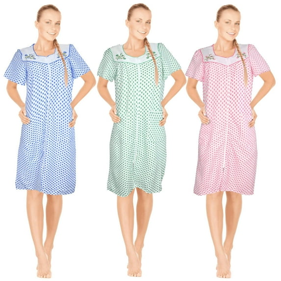 JEFFRICO 3 Pack House Dresses for Women with Pockets - Lightweight Breathable Short Sleeve Muumuu & Nightgowns - Zipper Front Housecoat and Dusters for Women