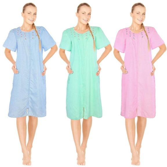 JEFFRICO 3 Pack House Dresses for Women with Pockets - Lightweight Breathable Short Sleeve Muumuu & Nightgowns - Zipper Front Housecoat and Dusters for Women