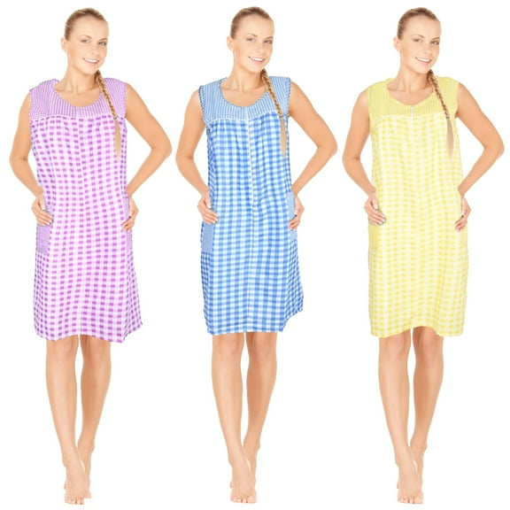 JEFFRICO 3 Pack House Dresses for Women with Pockets - Lightweight Breathable Sleeveless Muumuu & Nightgowns - Zipper Front Housecoat and Dusters for Women