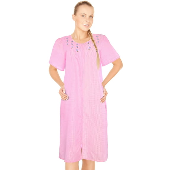 JEFFRICO House Dresses for Women with Pockets - Lightweight Breathable Short Sleeve Muumuu & Nightgowns - Zipper Front Housecoat and Dusters for Women
