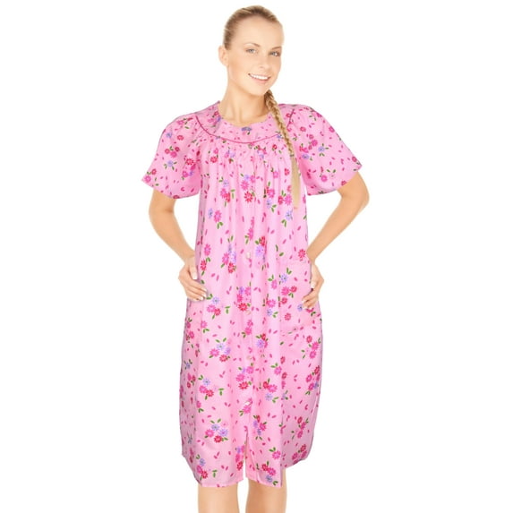 JEFFRICO House Dresses for Women with Pockets - Lightweight Breathable Short Sleeve Muumuu & Nightgowns - Snap Front Housecoat and Dusters for Women