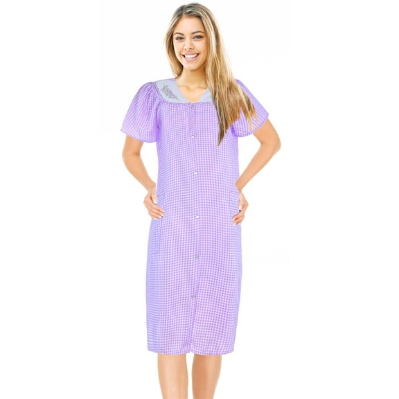 JEFFRICO House Dresses for Women with Pockets - Lightweight Breathable Short Sleeve Muumuu & Nightgowns - Snap Front Housecoat and Dusters for Women