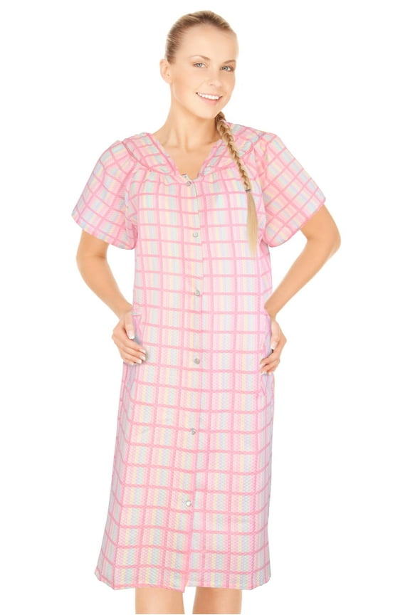 House Dresses for Women with Pockets - Lightweight Breathable Short Sleeve Muumuu & Nightgowns - Snap Front Housecoat and Dusters for Women