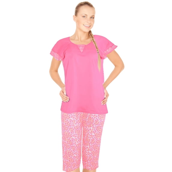 JEFFRICO Pajamas For Women Capri Set Sleepwear Soft Pajamas Short Sleeve Pajama Sleepshirt With Capri Pants
