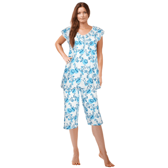 JEFFRICO Pajamas For Women Capri Set Sleepwear Soft Pajamas Short Sleeve Pajama Sleepshirt With Capri Pants