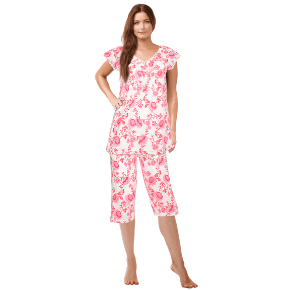 JEFFRICO Pajamas For Women Capri Set Sleepwear Soft Pajamas Short Sleeve Pajama Sleepshirt With Capri Pants
