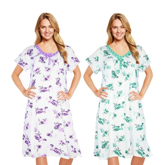 JEFFRICO Womens 2 Pack Nightgowns Short Sleeve Sleepwear Soft Pajama Dress Nightshirts