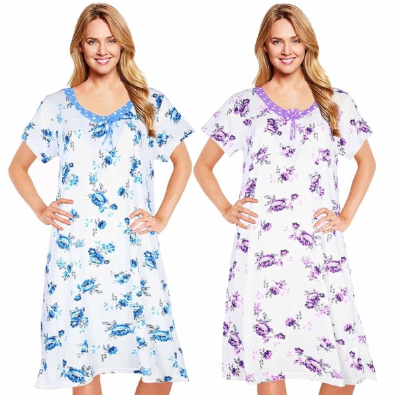 JEFFRICO 2 Pack Nightgowns for Women - Short Sleeve Soft Womens Nightgowns & Sleepshirts - Round Neck Pajamas Dress for Lounging, Sleeping & Casual Wear