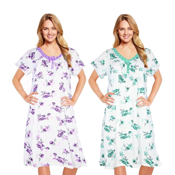 JEFFRICO 2 Pack Long Nightgowns for Women - Short Sleeve Soft Womens Nightgowns & Sleepshirts - Round Neck Pajamas Dress for Lounging, Sleeping & Casual Wear