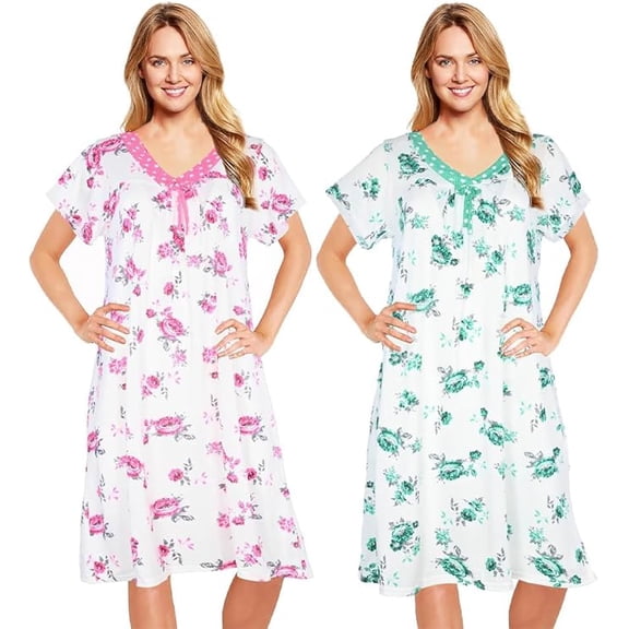 JEFFRICO 2 Pack Long Nightgowns for Women - Short Sleeve Soft Womens Nightgowns & Sleepshirts - Round Neck Pajamas Dress for Lounging, Sleeping & Casual Wear