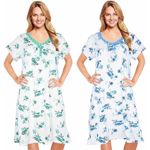 JEFFRICO 2 Pack Nightgowns for Women - Short Sleeve Soft Womens Nightgowns & Sleepshirts - Round Neck Pajamas Dress for Lounging, Sleeping & Casual Wear