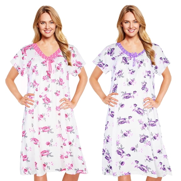 JEFFRICO 2 Pack Long Nightgowns for Women - Short Sleeve Soft Womens Nightgowns & Sleepshirts - Round Neck Pajamas Dress for Lounging, Sleeping & Casual Wear
