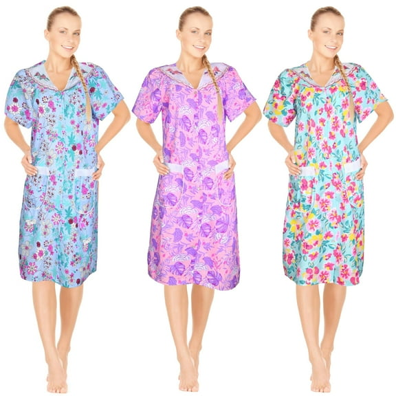 JEFFRICO 3 Pack House Dresses for Women with Pockets - Lightweight Breathable Short Sleeve Muumuu & Nightgowns - Snap Front Housecoat and Dusters for Women