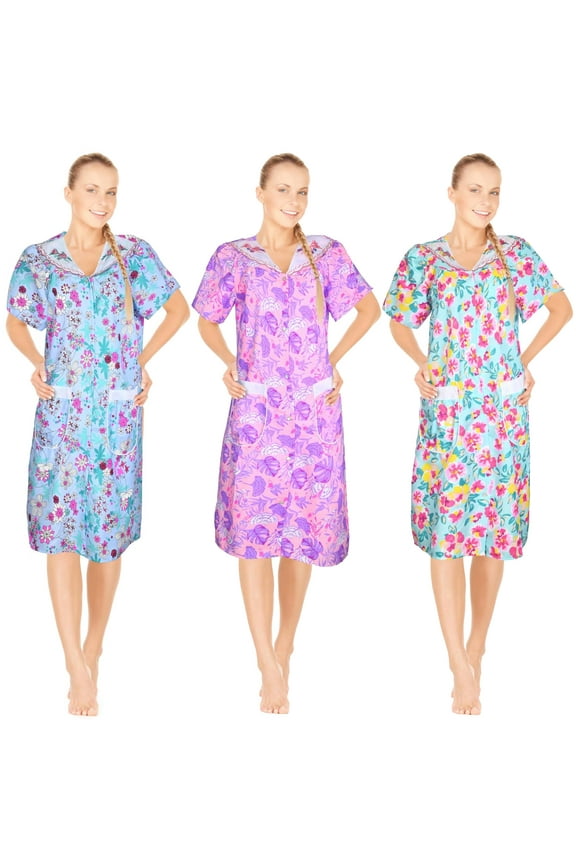 3 Pack House Dresses for Women with Pockets - Lightweight Breathable Short Sleeve Muumuu & Nightgowns - Snap Front Housecoat and Dusters for Women