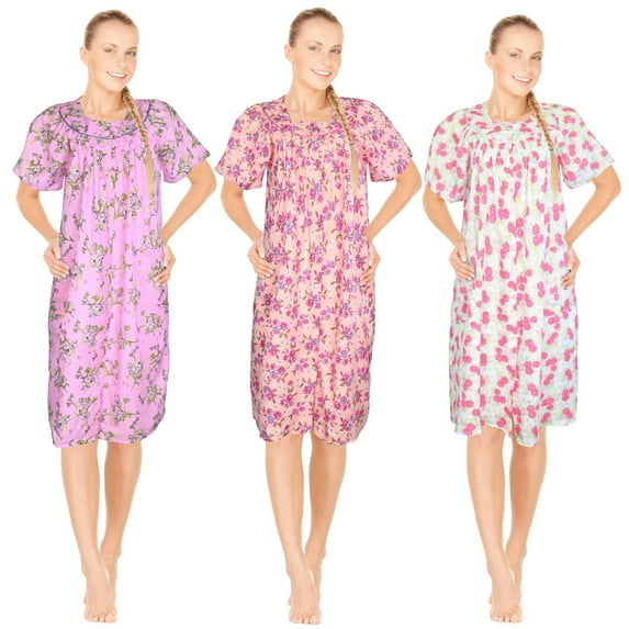 JEFFRICO 3 Pack House Dresses for Women with Pockets - Lightweight Breathable Short Sleeve Muumuu & Nightgowns - Snap Front Housecoat and Dusters for Women