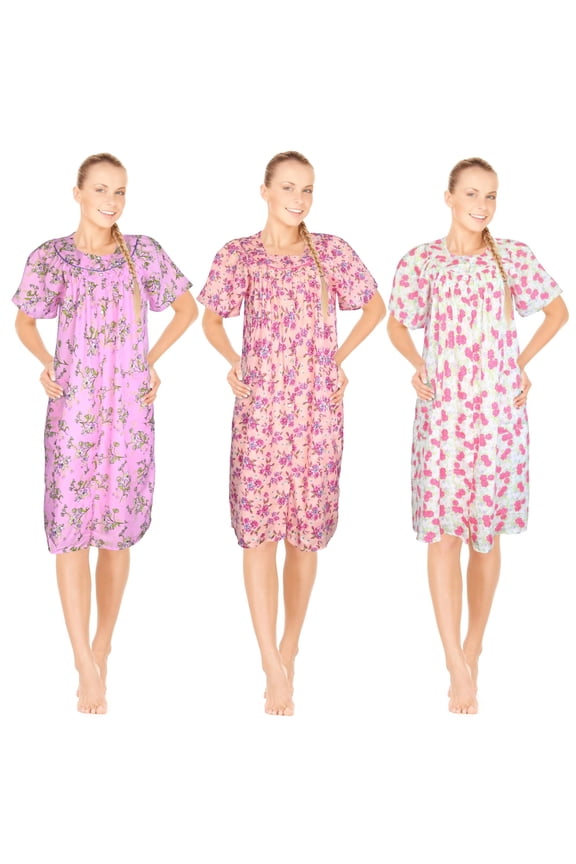 3 Pack House Dresses for Women with Pockets - Lightweight Breathable Short Sleeve Muumuu & Nightgowns - Snap Front Housecoat and Dusters for Women
