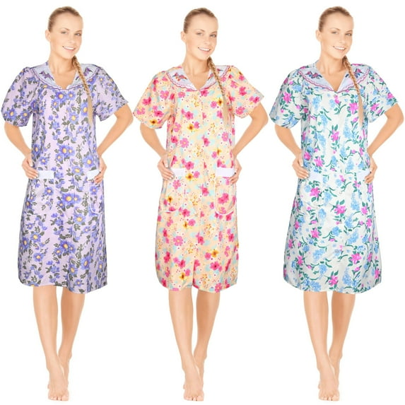 JEFFRICO 3 Pack House Dresses for Women with Pockets - Lightweight Breathable Short Sleeve Muumuu & Nightgowns - Snap Front Housecoat and Dusters for Women