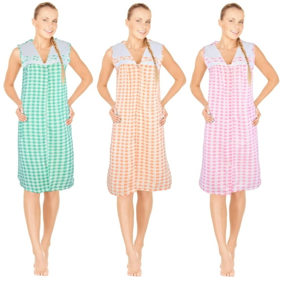 JEFFRICO 3 Pack House Dresses for Women with Pockets - Lightweight Breathable Sleeveless Muumuu & Nightgowns - Snap Front Housecoat and Dusters for Women