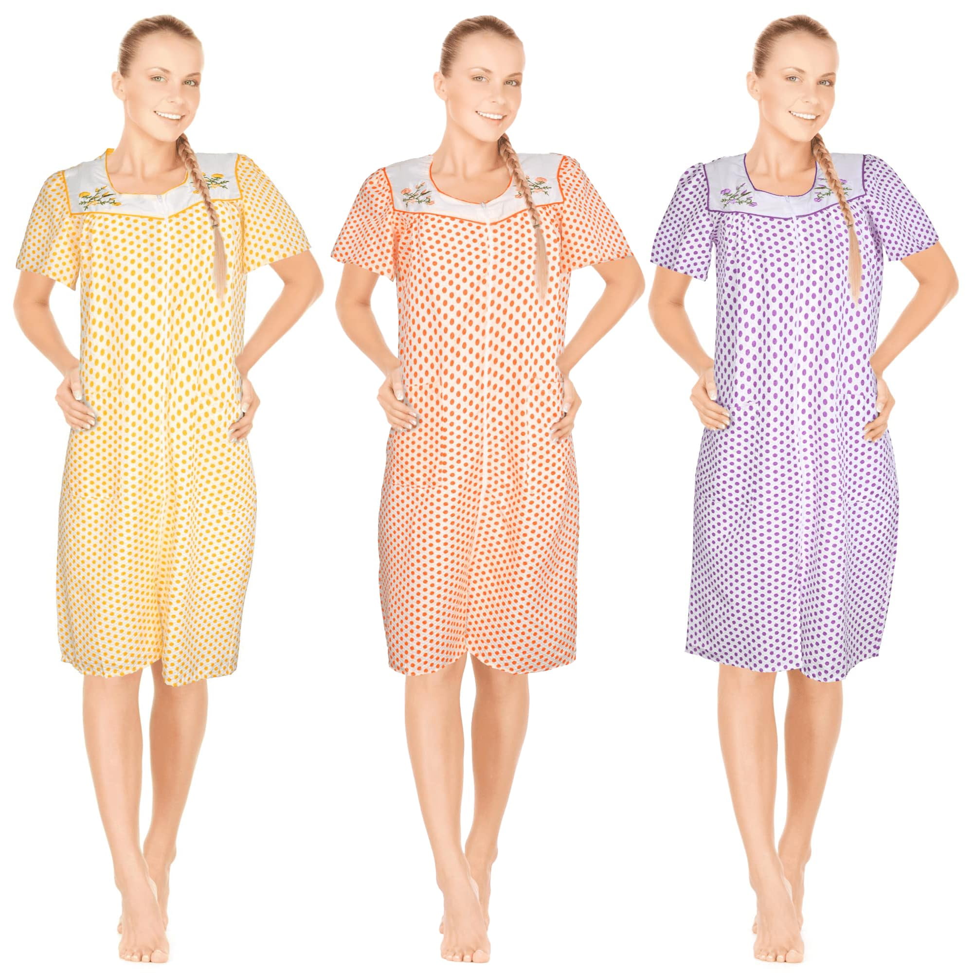 JEFFRICO 3 Pack House Dresses for Women with Pockets - Lightweight Breathable Short Sleeve Muumuu & Nightgowns - Zipper Front Housecoat and Dusters for Women Plus Size