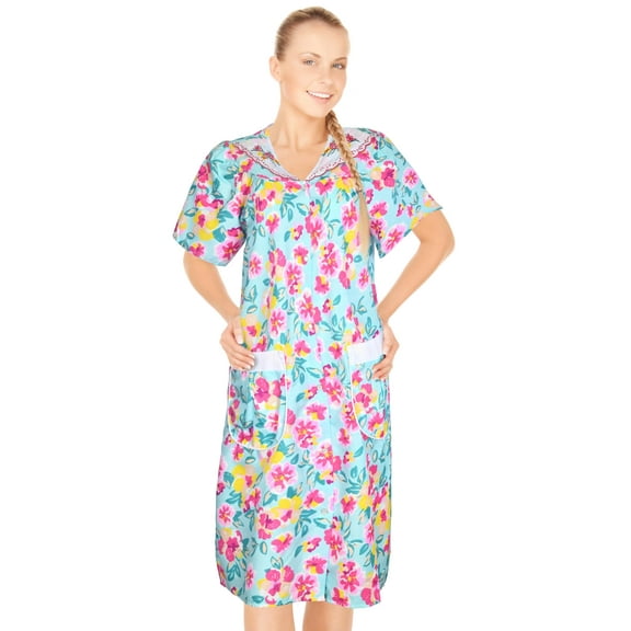 JEFFRICO House Dresses for Women with Pockets - Lightweight Breathable Short Sleeve Muumuu & Nightgowns - Snap Front Housecoat and Dusters for Women