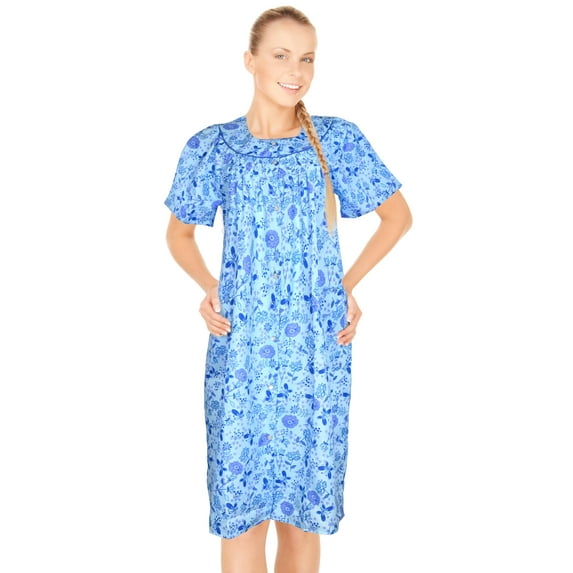 JEFFRICO House Dresses for Women with Pockets - Lightweight Breathable Short Sleeve Muumuu & Nightgowns - Snap Front Housecoat and Dusters for Women
