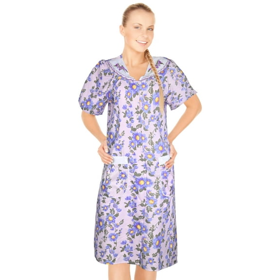 JEFFRICO House Dresses for Women with Pockets - Lightweight Breathable Short Sleeve Muumuu & Nightgowns - Snap Front Housecoat and Dusters for Women