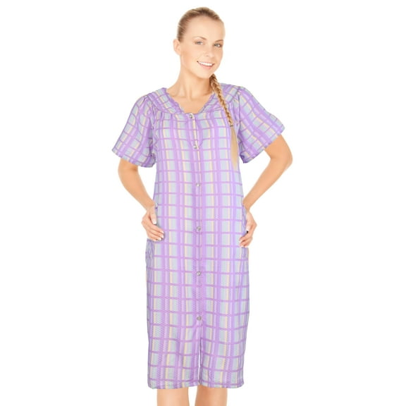 JEFFRICO House Dresses for Women with Pockets - Lightweight Breathable Short Sleeve Muumuu & Nightgowns - Snap Front Housecoat and Dusters for Women