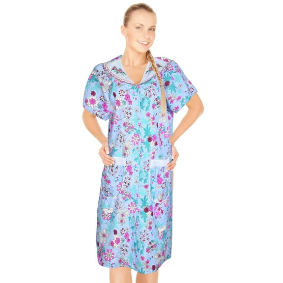 JEFFRICO House Dresses for Women with Pockets - Lightweight Breathable Short Sleeve Muumuu & Nightgowns - Snap Front Housecoat and Dusters for Women