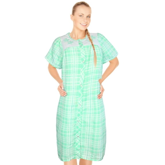 JEFFRICO House Dresses for Women with Pockets - Lightweight Breathable Short Sleeve Muumuu & Nightgowns - Snap Front Housecoat and Dusters for Women
