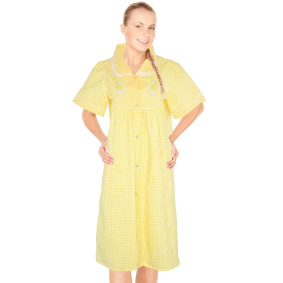 JEFFRICO House Dresses for Women with Pockets - Lightweight Breathable Short Sleeve Muumuu & Nightgowns - Snap Front Housecoat and Dusters for Women Plus Size