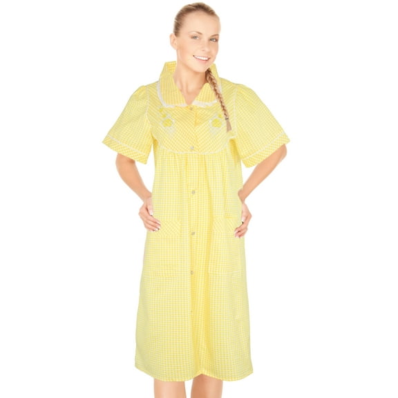 JEFFRICO House Dresses for Women with Pockets - Lightweight Breathable Short Sleeve Muumuu & Nightgowns - Snap Front Housecoat and Dusters for Women Plus Size