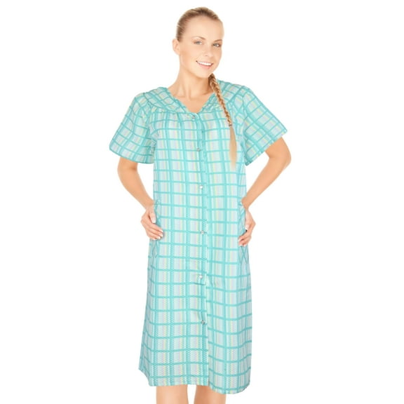 JEFFRICO House Dresses for Women with Pockets - Lightweight Breathable Short Sleeve Muumuu & Nightgowns - Snap Front Housecoat and Dusters for Women