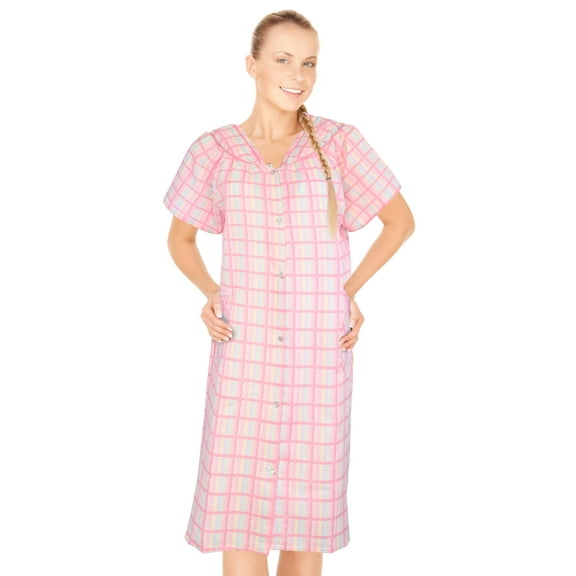 JEFFRICO House Dresses for Women with Pockets - Lightweight Breathable Short Sleeve Muumuu & Nightgowns - Snap Front Housecoat and Dusters for Women