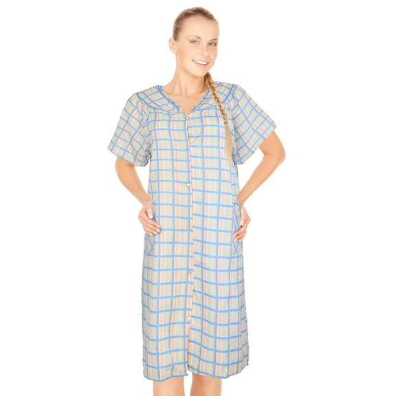 JEFFRICO House Dresses for Women with Pockets - Lightweight Breathable Short Sleeve Muumuu & Nightgowns - Snap Front Housecoat and Dusters for Women