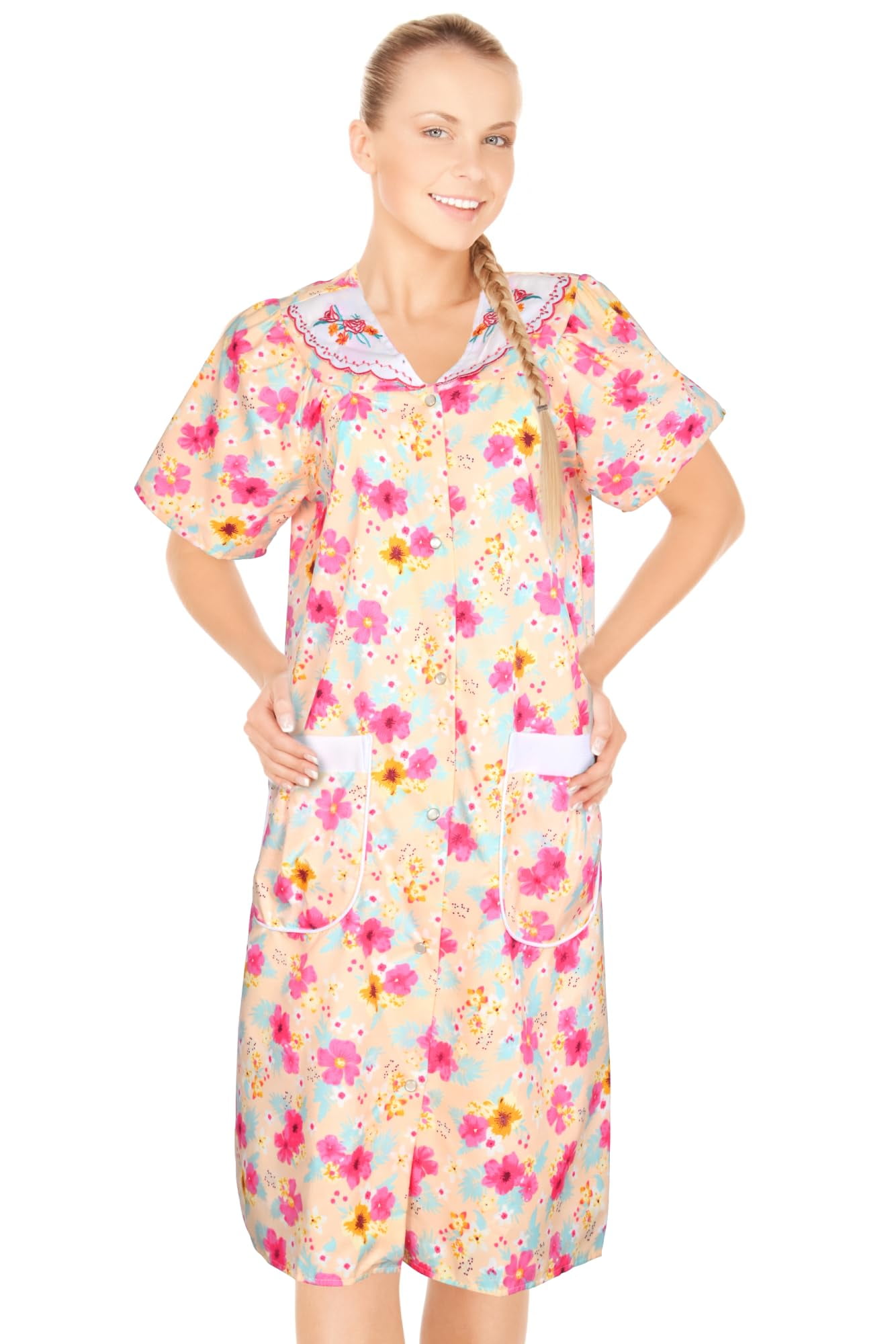 JEFFRICO Women's Snap Front Housecoat Lounger, Short Sleeve Nightgown ...