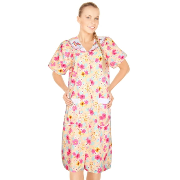 JEFFRICO House Dresses for Women with Pockets - Lightweight Breathable Short Sleeve Muumuu & Nightgowns - Snap Front Housecoat and Dusters for Women