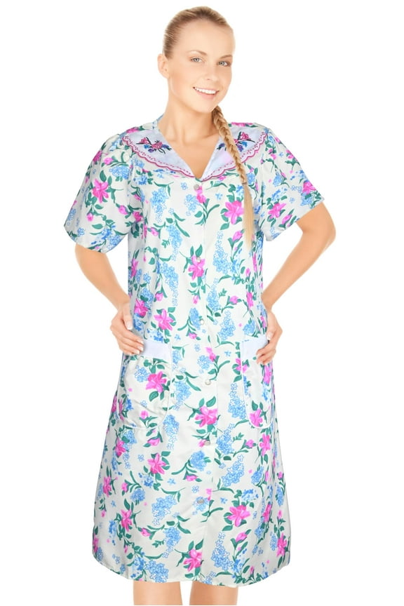 House Dresses for Women with Pockets - Lightweight Breathable Short Sleeve Muumuu & Nightgowns - Snap Front Housecoat and Dusters for Women