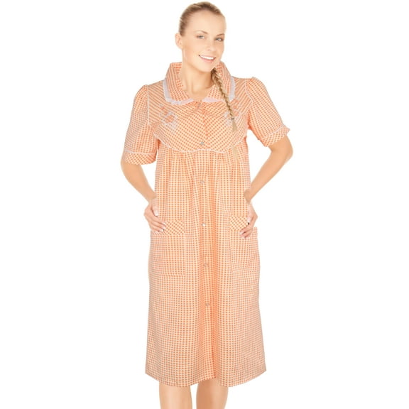 JEFFRICO House Dresses for Women with Pockets - Lightweight Breathable Short Sleeve Muumuu & Nightgowns - Snap Front Housecoat and Dusters for Women Plus Size