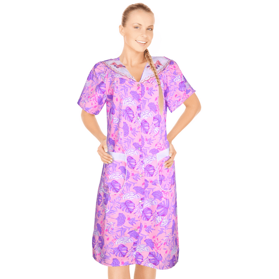 JEFFRICO House Dresses for Women with Pockets - Lightweight Breathable Short Sleeve Muumuu & Nightgowns - Snap Front Housecoat and Dusters for Women