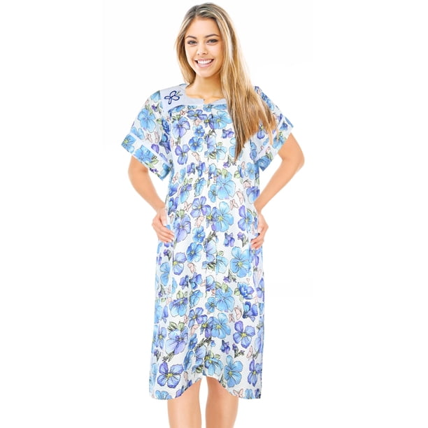 women's dusters house dresses YOZLY Dress Women Cotton Duster Robe Short Sleeve Housecoat Button Down Nightgown Floral Dark Blue Small at Amazon Clothing store Plus Size JEFFRICO House Dresses for Women