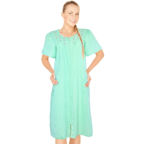 JEFFRICO House Dresses for Women with Pockets - Lightweight Breathable Short Sleeve Muumuu & Nightgowns - Zipper Front Housecoat and Dusters for Women