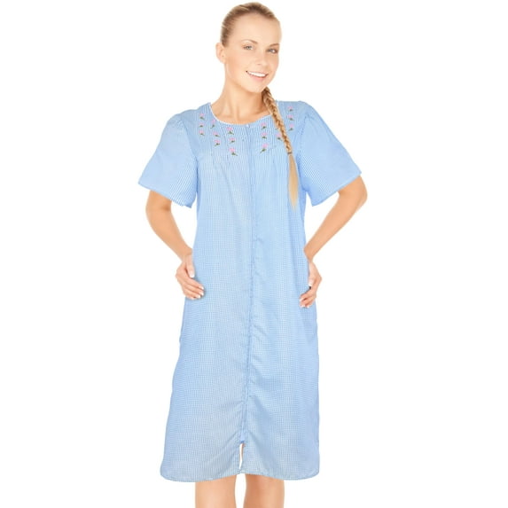 JEFFRICO House Dresses for Women with Pockets - Lightweight Breathable Short Sleeve Muumuu & Nightgowns - Zipper Front Housecoat and Dusters for Women