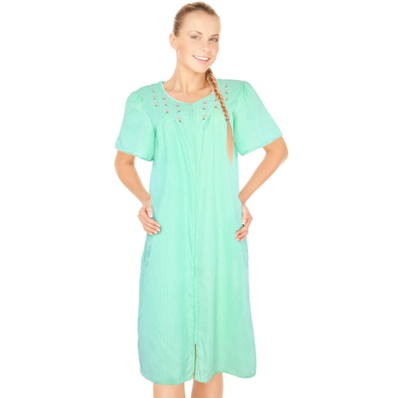 JEFFRICO House Dresses for Women with Pockets - Lightweight Breathable Short Sleeve Muumuu & Nightgowns - Zipper Front Housecoat and Dusters for Women