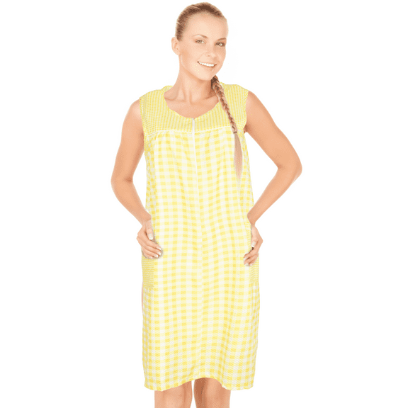 JEFFRICO House Dresses for Women with Pockets - Lightweight Breathable Sleeveless Muumuu & Nightgowns - Zipper Front Housecoat and Dusters for Women