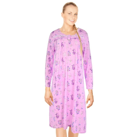 JEFFRICO Womens Long Sleeve Nightgowns Front Side Pocket Sleepwear Soft Pajama Dress Nightshirts Plus Size