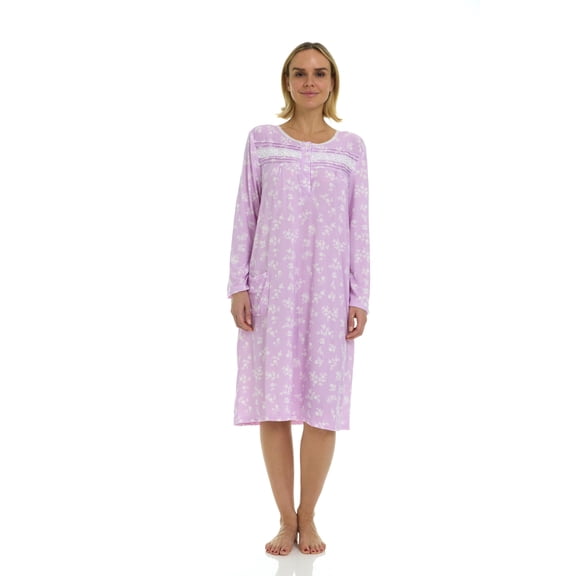 JEFFRICO Womens Long Sleeve Nightgowns Front Side Pocket Sleepwear Soft Pajama Dress Nightshirts Plus Size